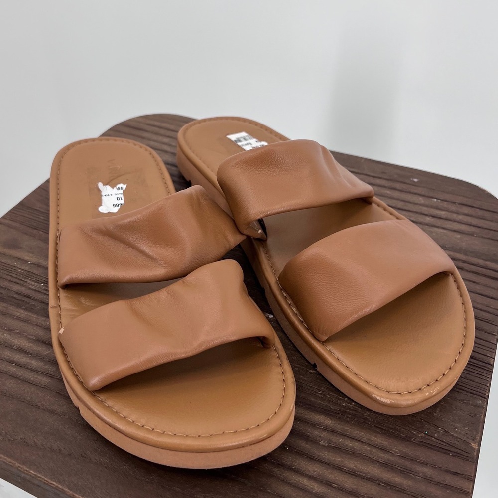 Vince Tan Ruched Leather Double Strap Slide Sandals Unisex Minimalist 8.5